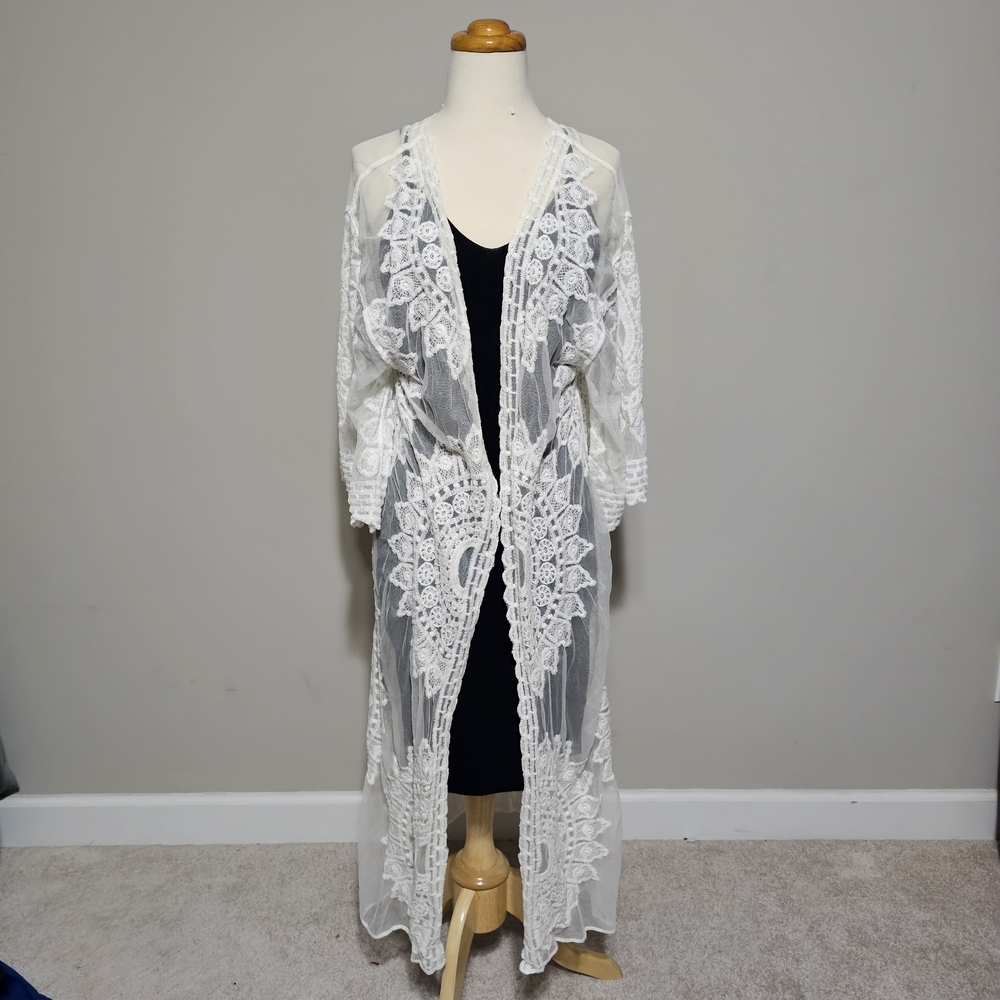 White Sheer Lace Mesh Long Duster Kimono Coverup OS